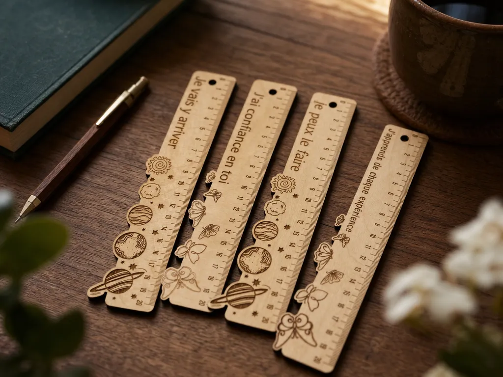 Règles scolaires en bois avec citations motivantes et des motifs