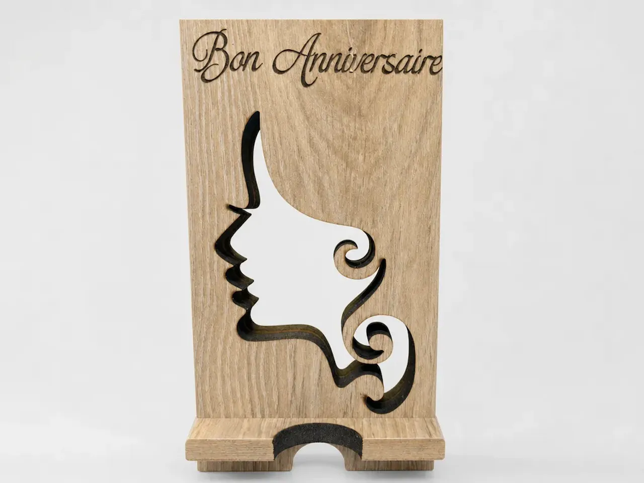 [Laser cut and engrave] Support de téléphone en bois avec silhouette de visage et inscription Bon Anniversaire