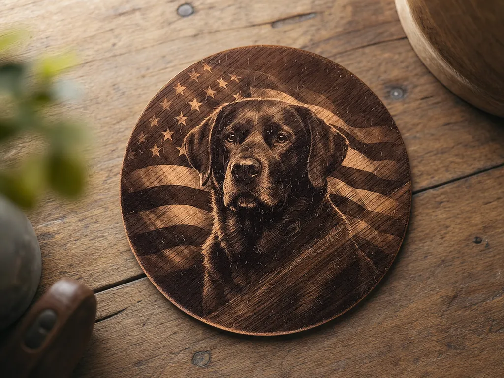 Round Wooden Coaster Featuring a Labrador Retriever and American Flag