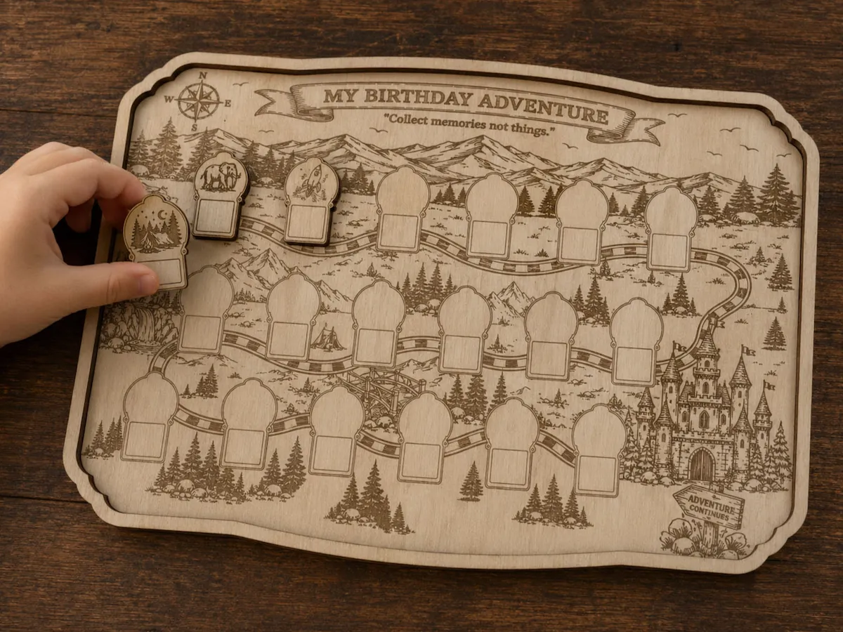 [Laser cut and engrave] Birthday Adventure Memory Tracking Board with Milestone Tokens