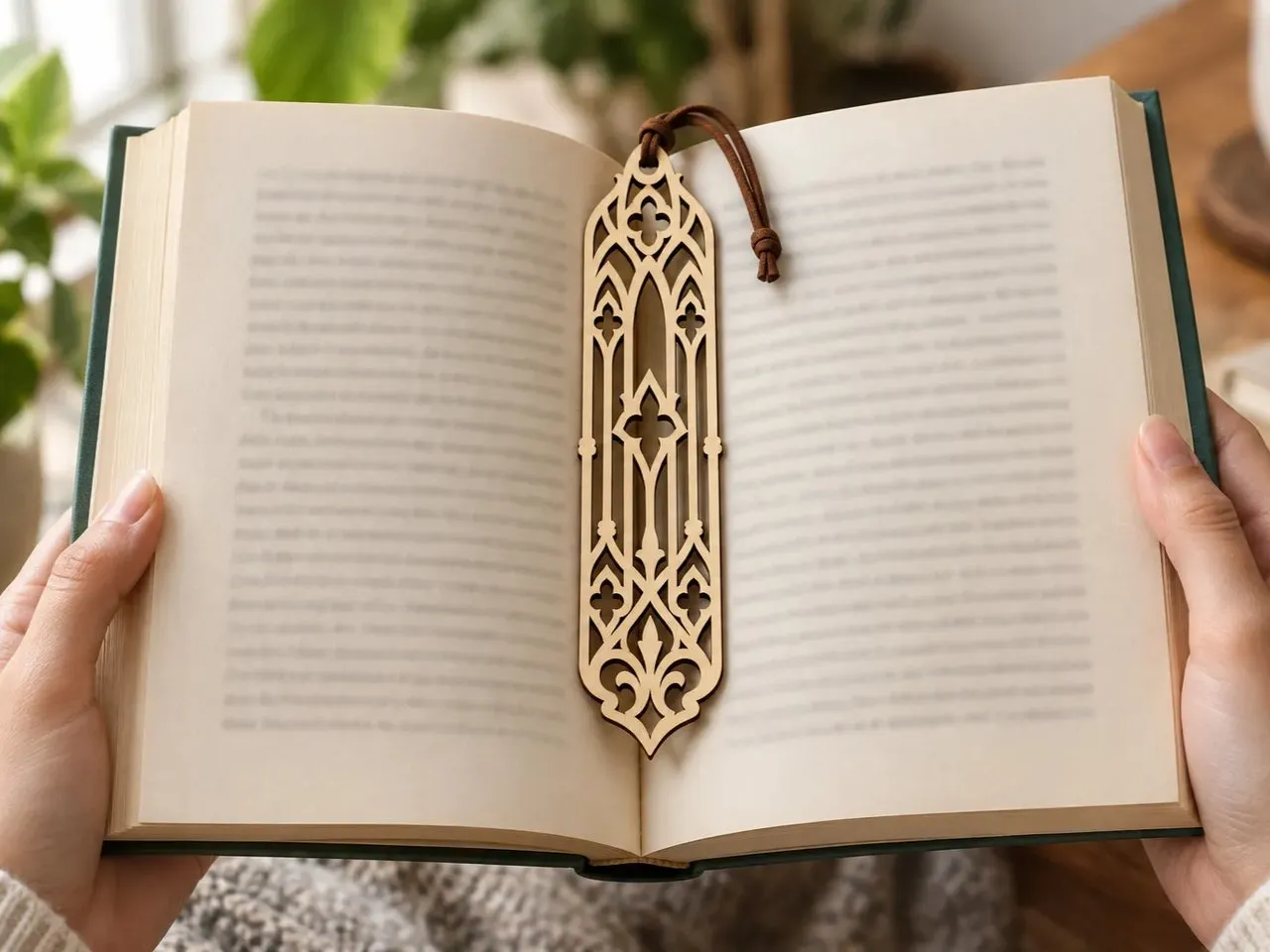[Laser cut and engrave] Gothic Arch Pattern Wooden Bookmark with Leather Cord