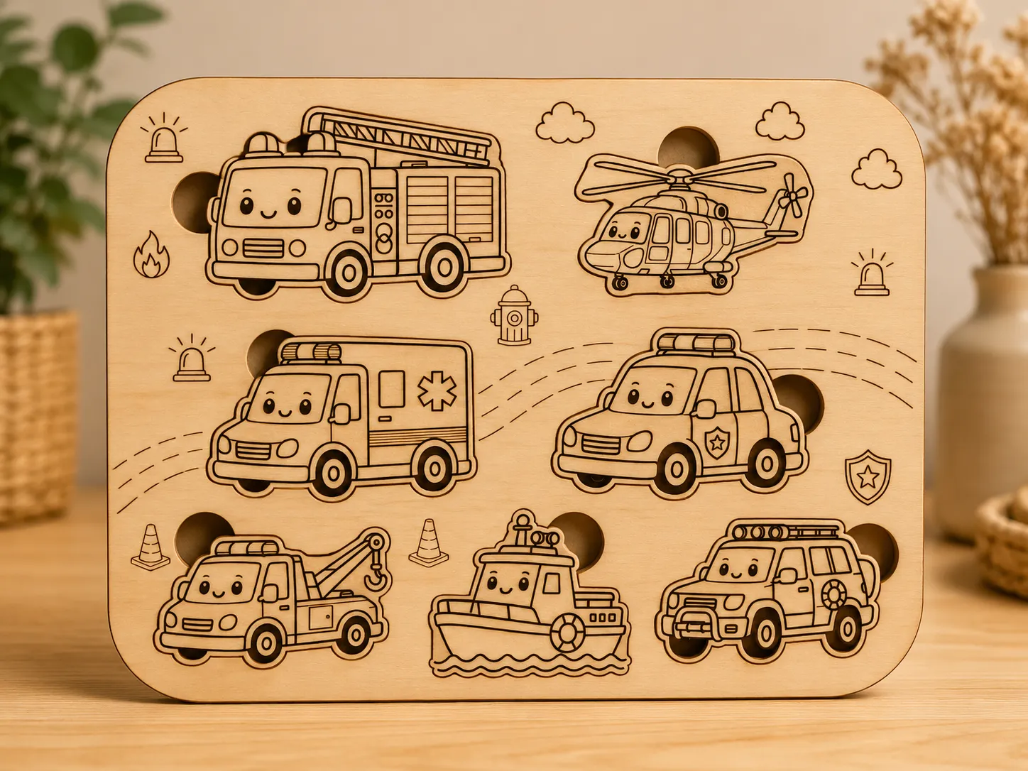Emergency Vehicles Montessori-Inspired Wooden Puzzle | 7 Piece Vehicle Name Learning Puzzle