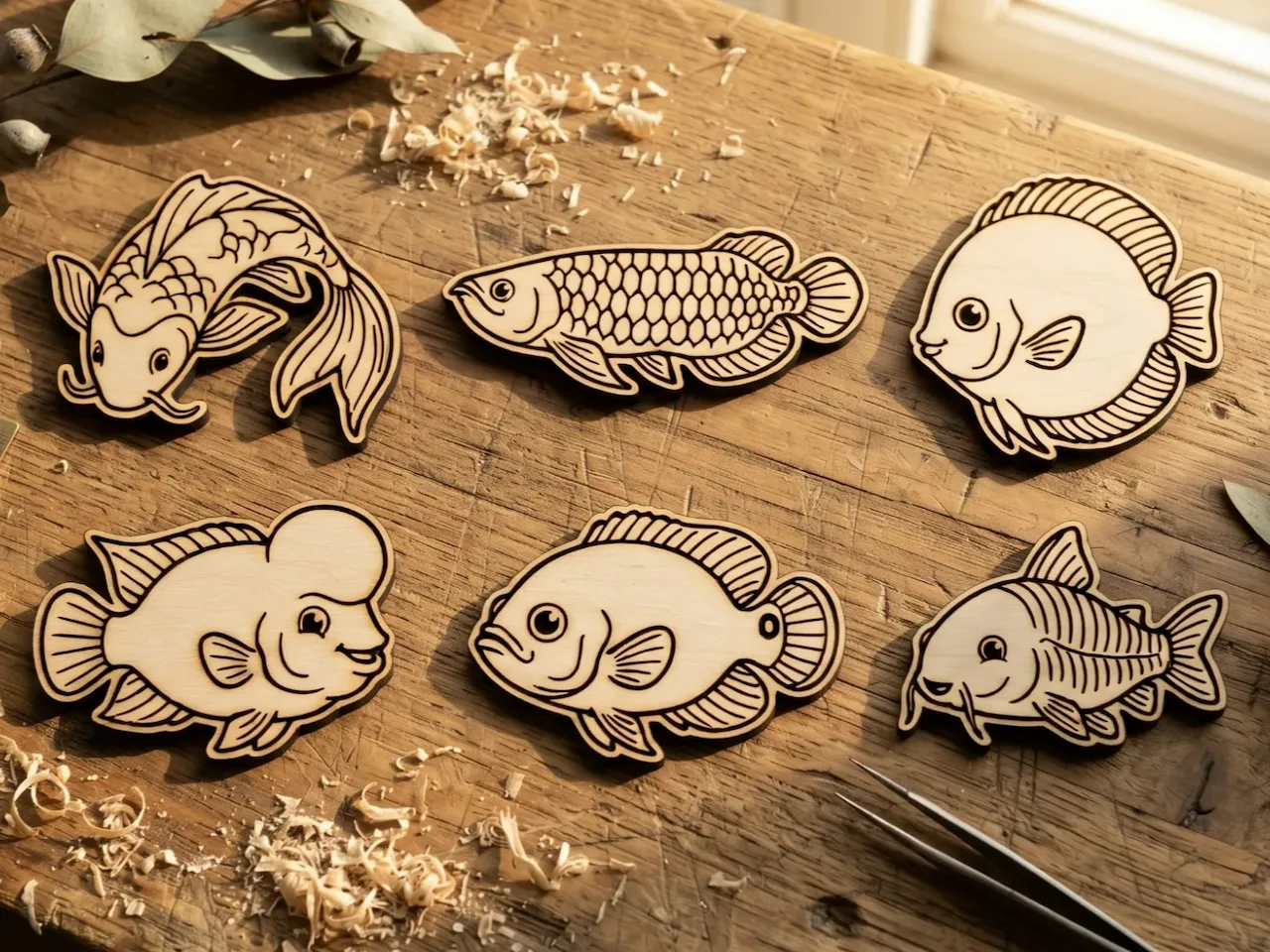 [Laser cut and engrave] Set of Six Wooden Fish Figurines Featuring Various Tropical Species