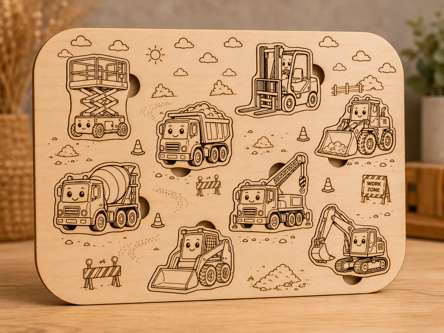 Construction Vehicles Montessori-Inspired Wooden Puzzle | 8 Piece Vehicle Name Learning Puzzle