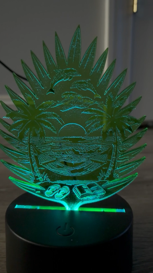 [Laser cut and engrave] Tropical Beach Scene Leaf Shaped Wooden Tabletop Sign