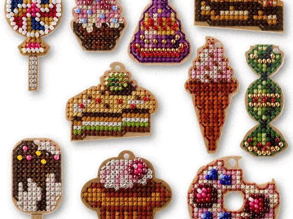 Assorted Dessert Themed Cross Stitch Ornaments with Beaded Accents