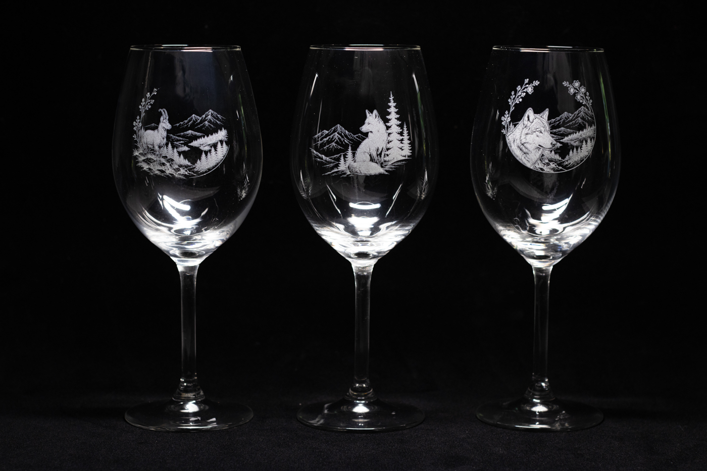 Gravures pour verre avec motifs animaux des Vosges - Cerf, Lynx, Ours, Chamois, Renard et Loup 1