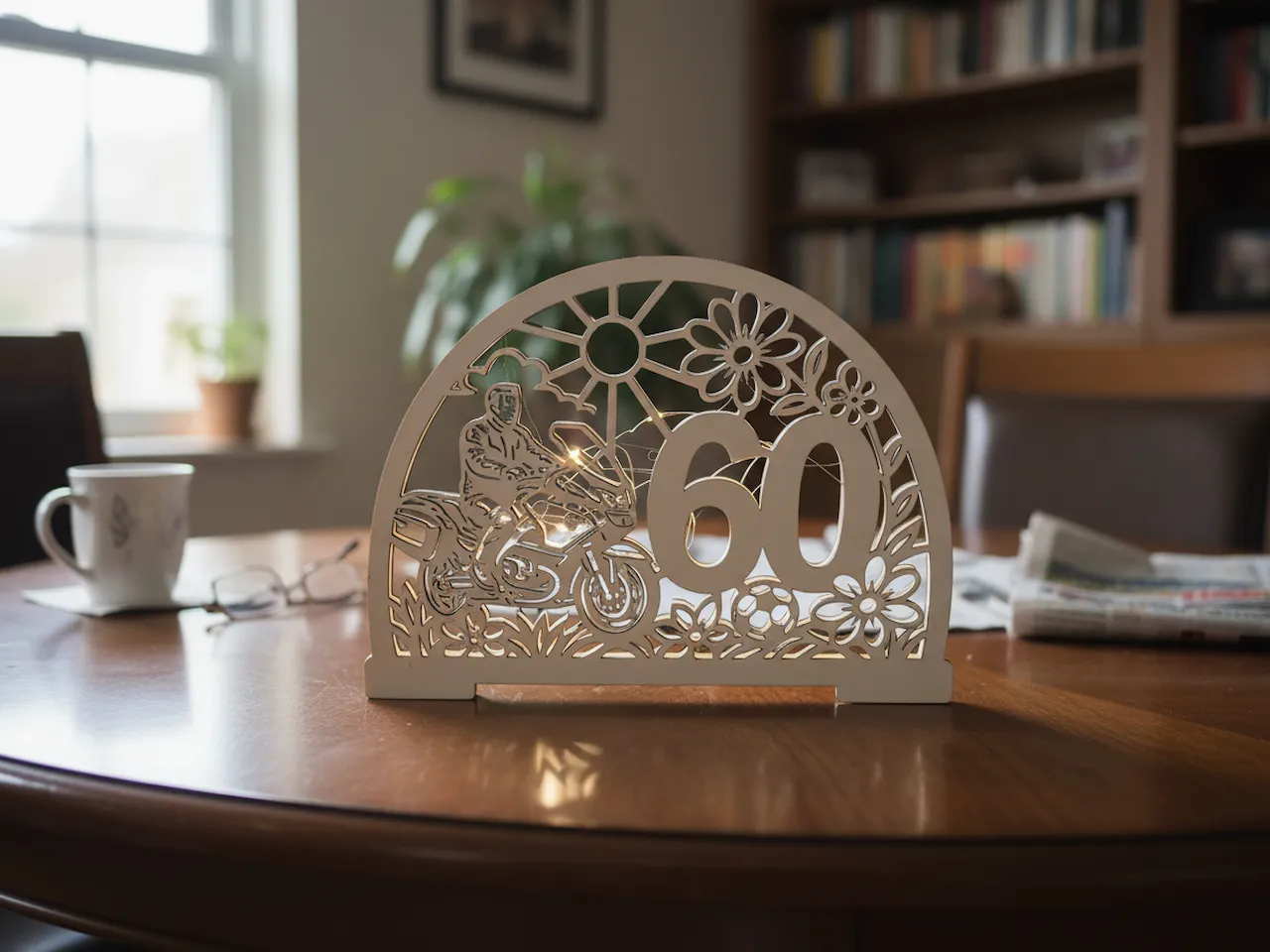 [Laser cut and engrave] Holzaufsteller zum 60. Geburtstag mit Motorradmotiv