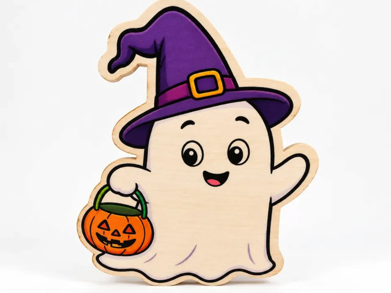 [Laser cut and engrave,Inkjet printing] Cute Ghost Wearing a Witch Hat Holding a Jack-o'-lantern Pumpkin