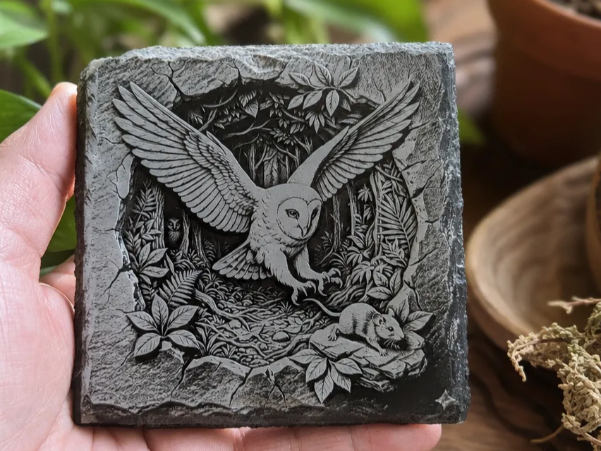 倉鴞森林獵鼠 3D 幻象方形岩板杯墊