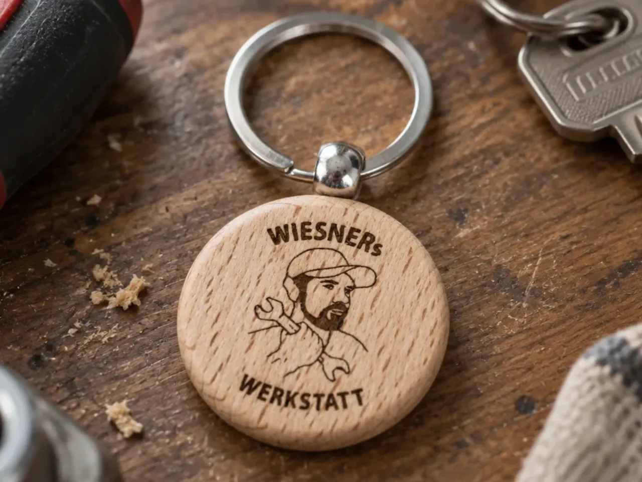 [Laser cut and engrave] Runder Holzschlüsselanhänger mit Handwerker Motiv und Schriftzug Wiesners Werkstatt