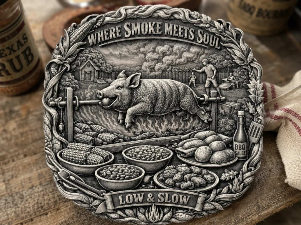 Where Smoke Meets Soul Low and Slow Barbecue Relief Plaque, Coaster or Coin