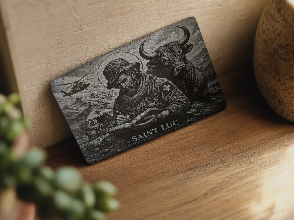 Carte métallique illustrée représentant Saint Luc avec un taureau