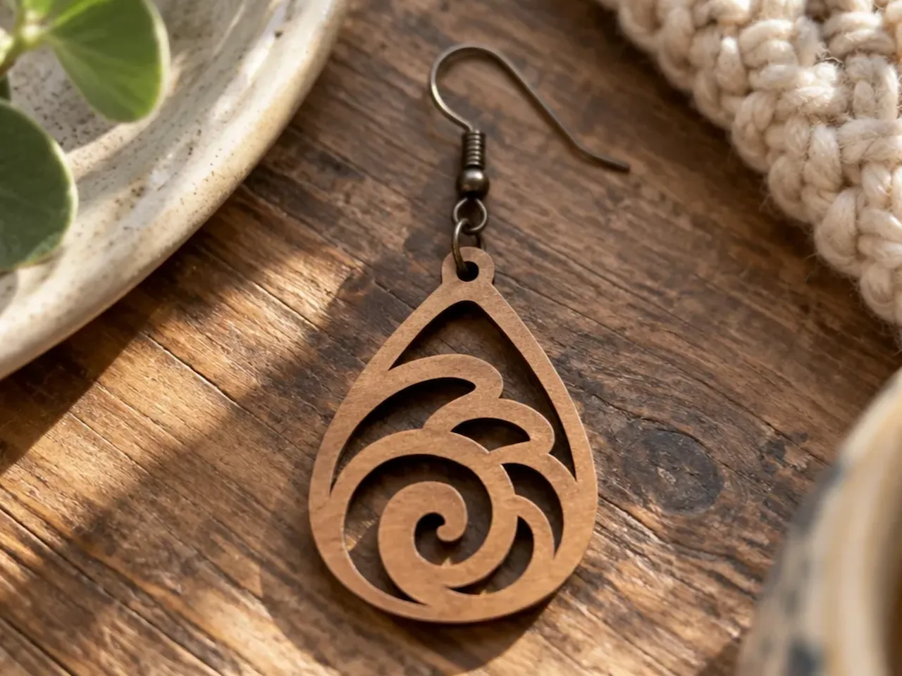 [Laser cut and engrave] Teardrop shaped wooden earring with wave pattern cutout
