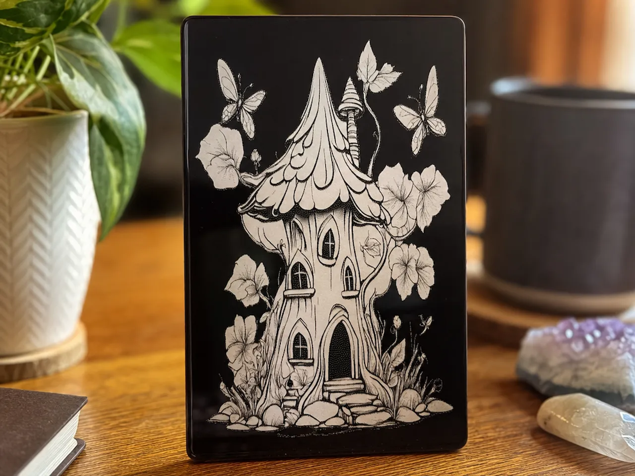 [Laser cut and engrave] Fairy Mushroom House Illustration on Black Plaque