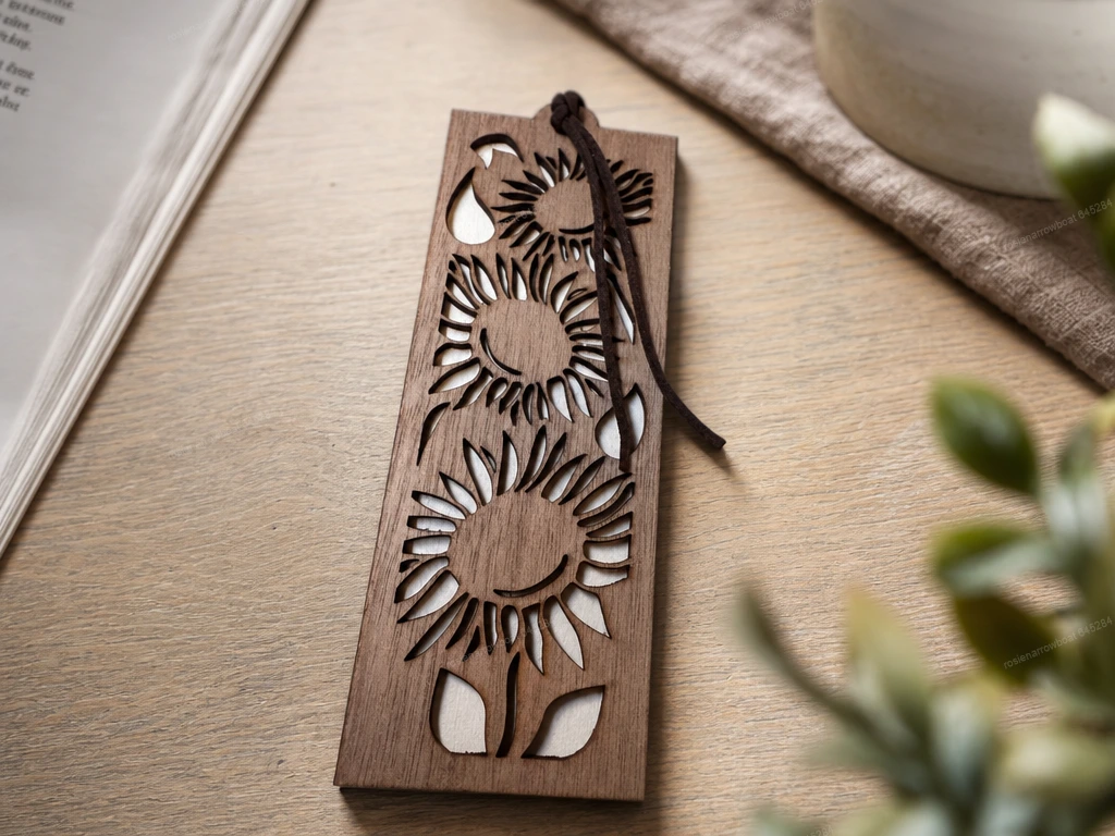 Sunflower Pattern Wooden Bookmark with Leather Cord