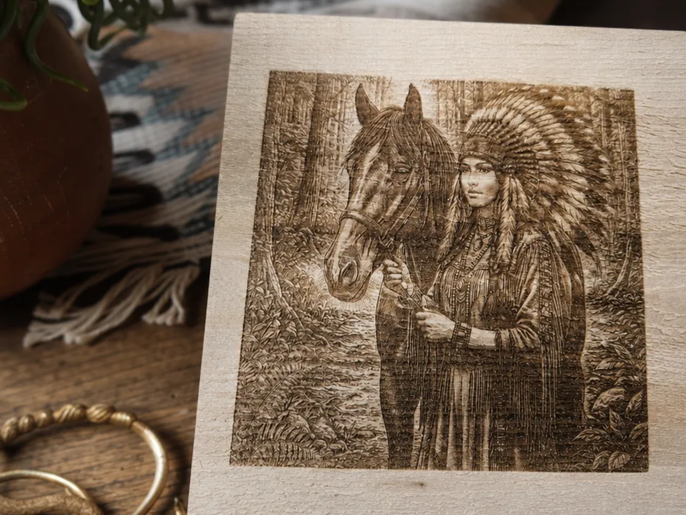 Wooden Wall Art Featuring Native American Woman and Horse in Forest