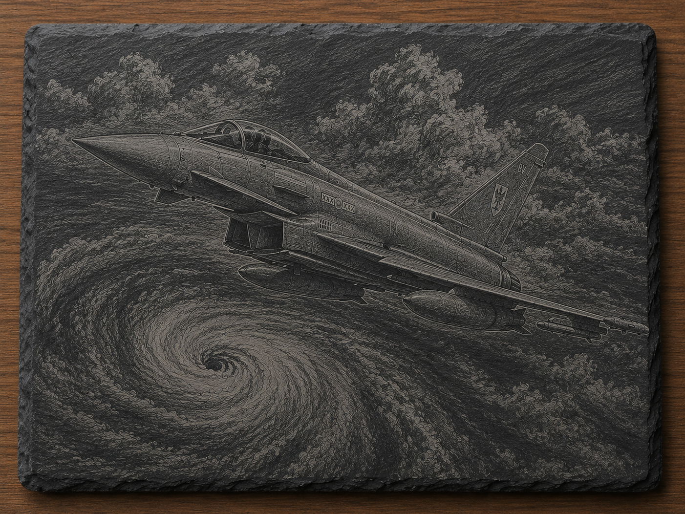 Eurofighter Typhoon jet flying over a storm on a slate plaque