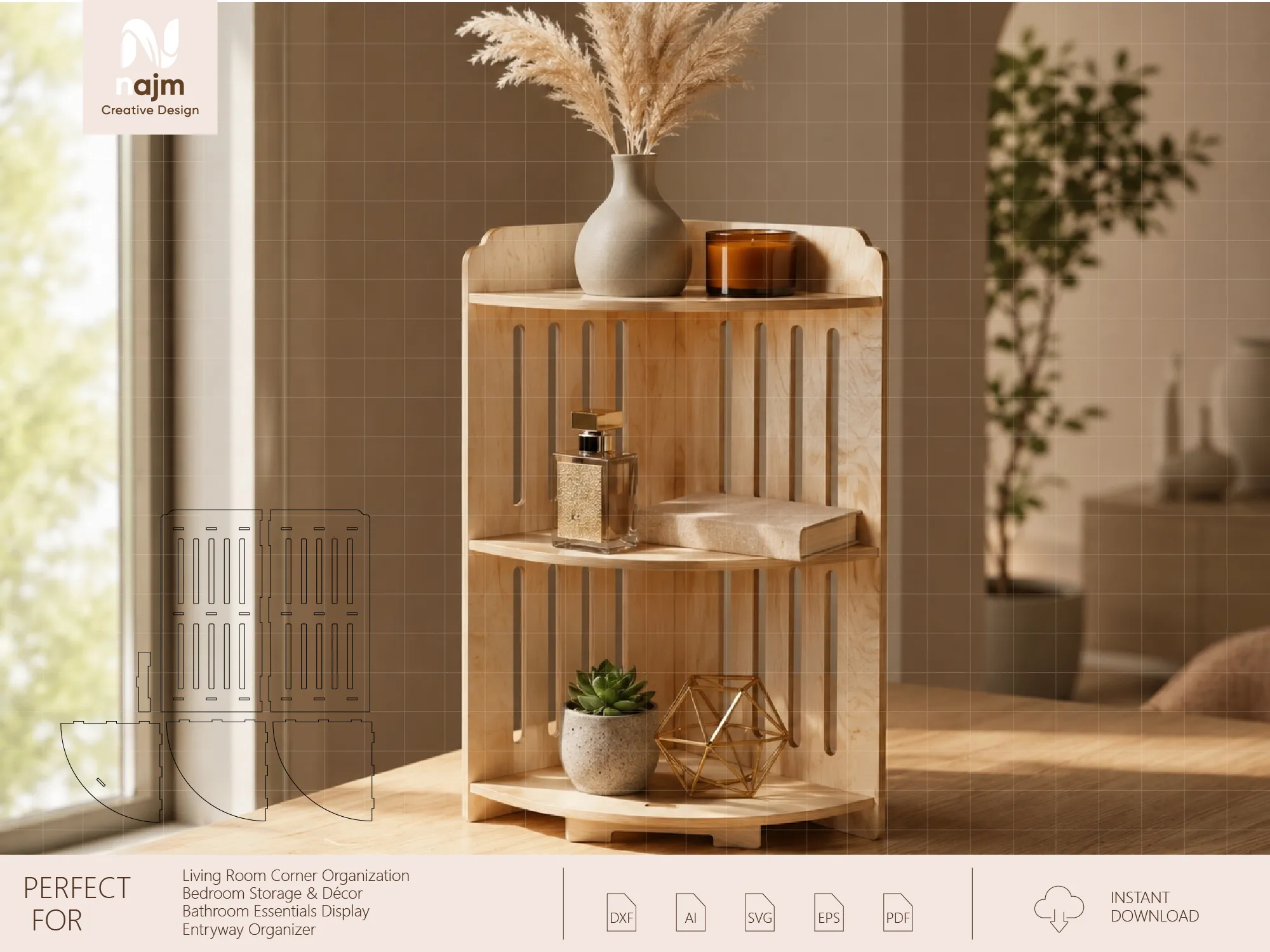 Three-Tier Wooden Corner Shelf for Home Organization