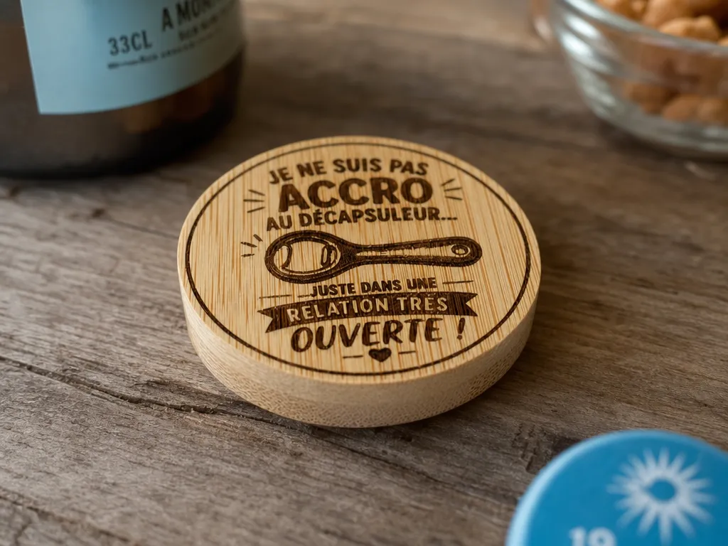 Décapsuleur magnétique en bois avec message humoristique sur la bière
