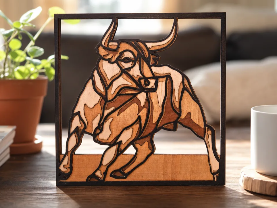 Tableau mural en bois représentant un taureau en relief