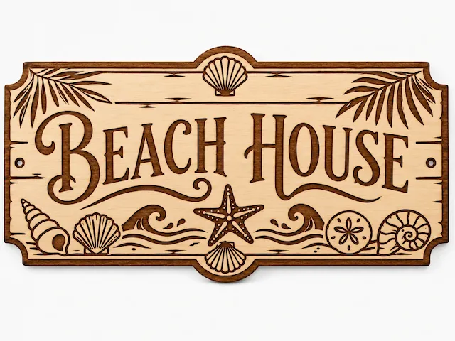 Beach House Wooden Sign | Rustic Coastal Door Plaque, Laser Cut & Engraved Wall Decor with Seashells, Starfish & Ocean Vibes