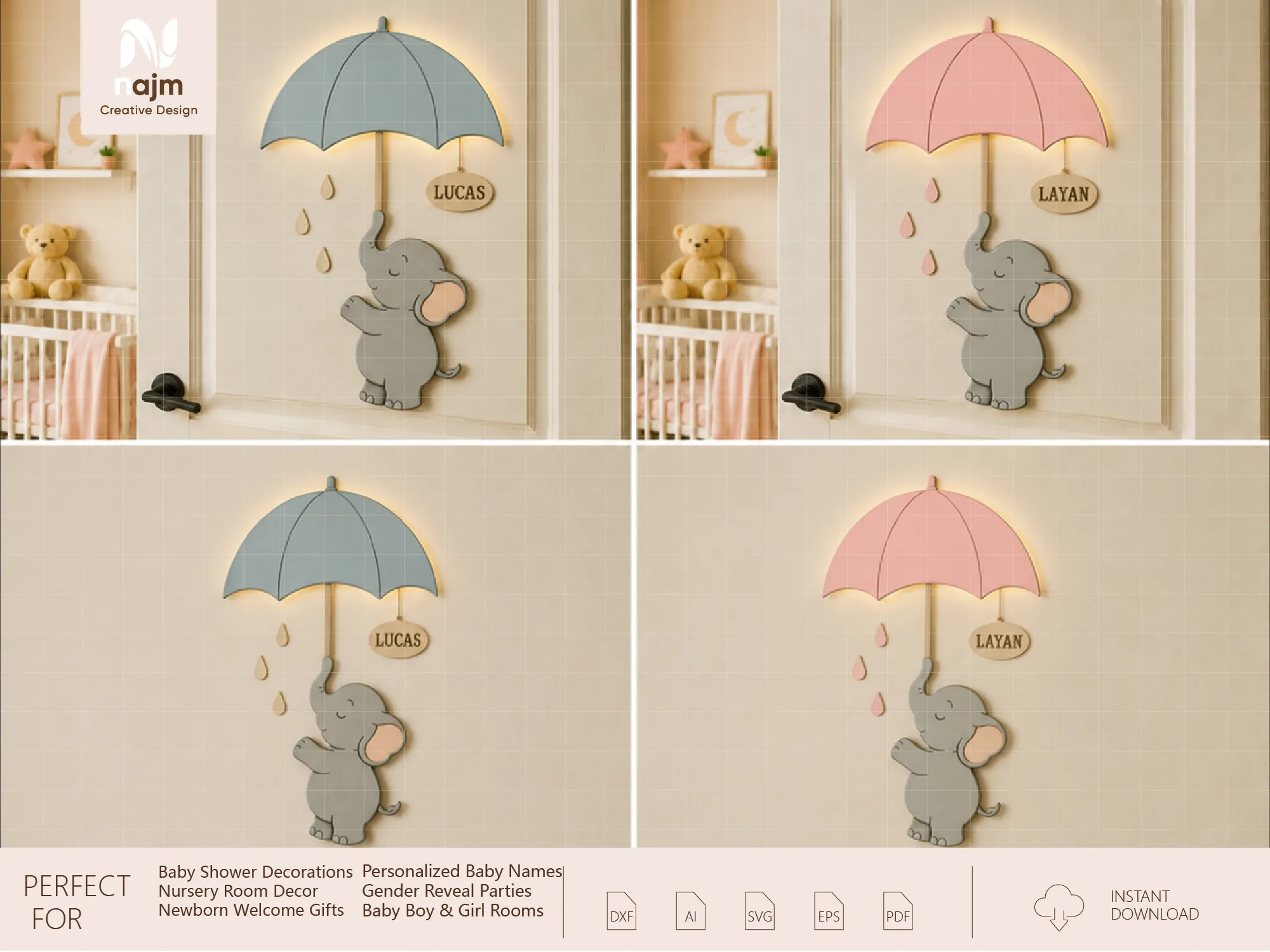 Personalized Elephant and Umbrella Wall Light for Nursery