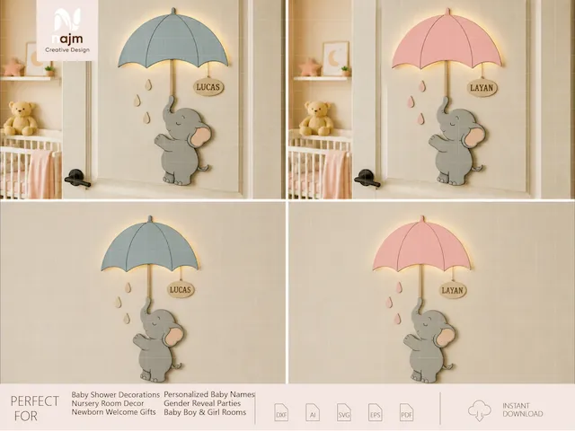 Personalized Elephant and Umbrella Wall Light for Nursery