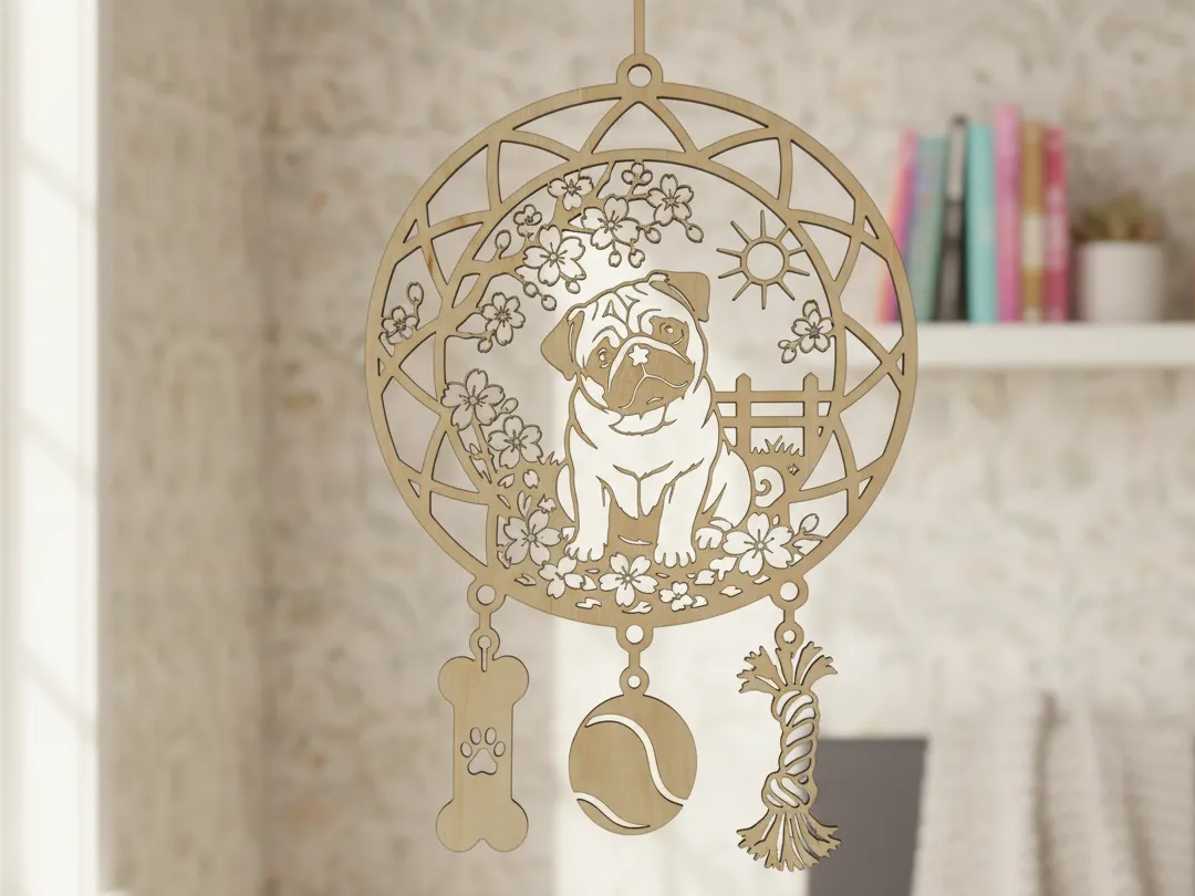 Pug Dog Wall Hanging Dream Catcher with Floral Motif and Toy Charms