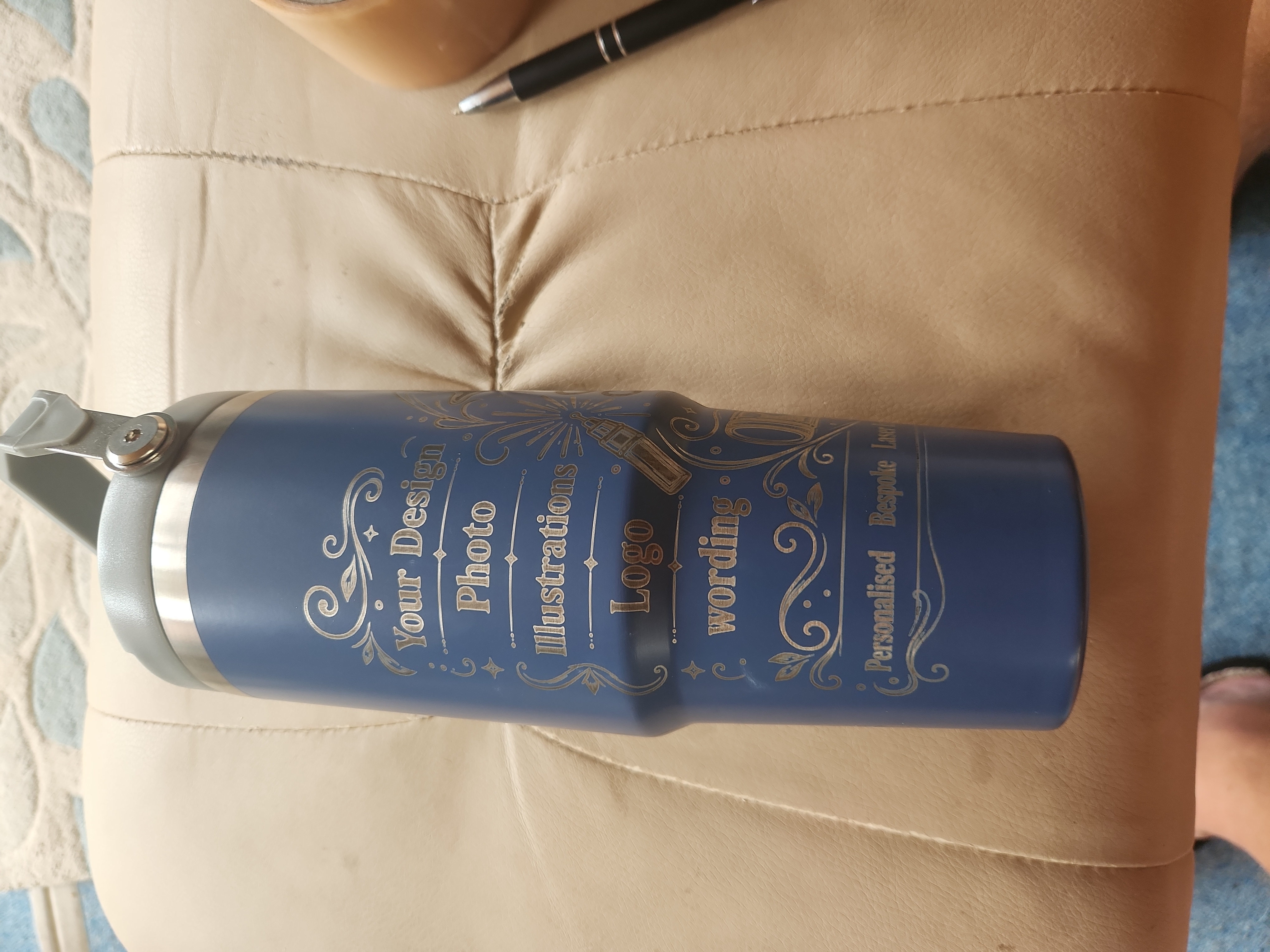 [Laser cut and engrave] Blue Insulated Stainless Steel Travel Tumbler with Handle