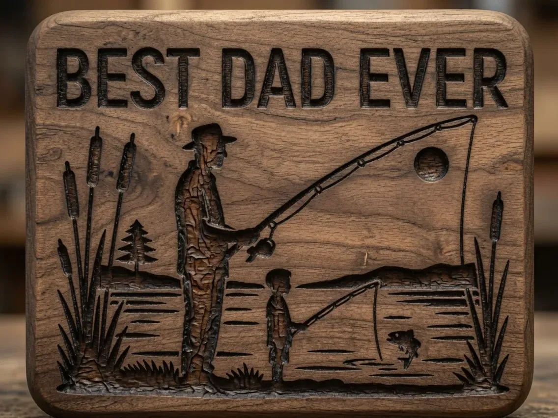 Best Dad Ever Fishing Plaque Laser Cut File - Father and Son Fishing Scene - Father’s Day Wood Engraving Pattern