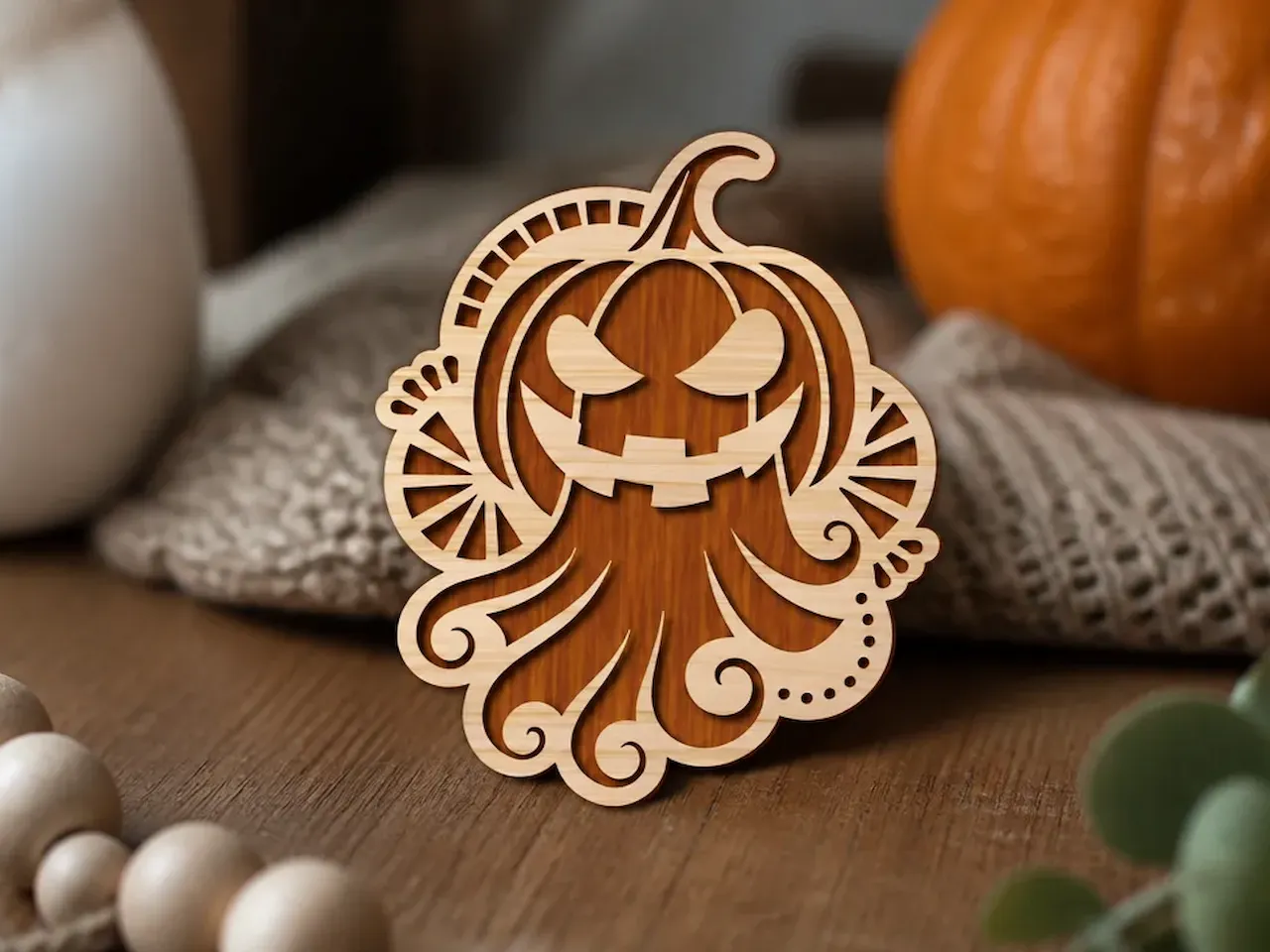 [Laser cut and engrave] Halloween Ghost Pumpkin Wooden Ornament