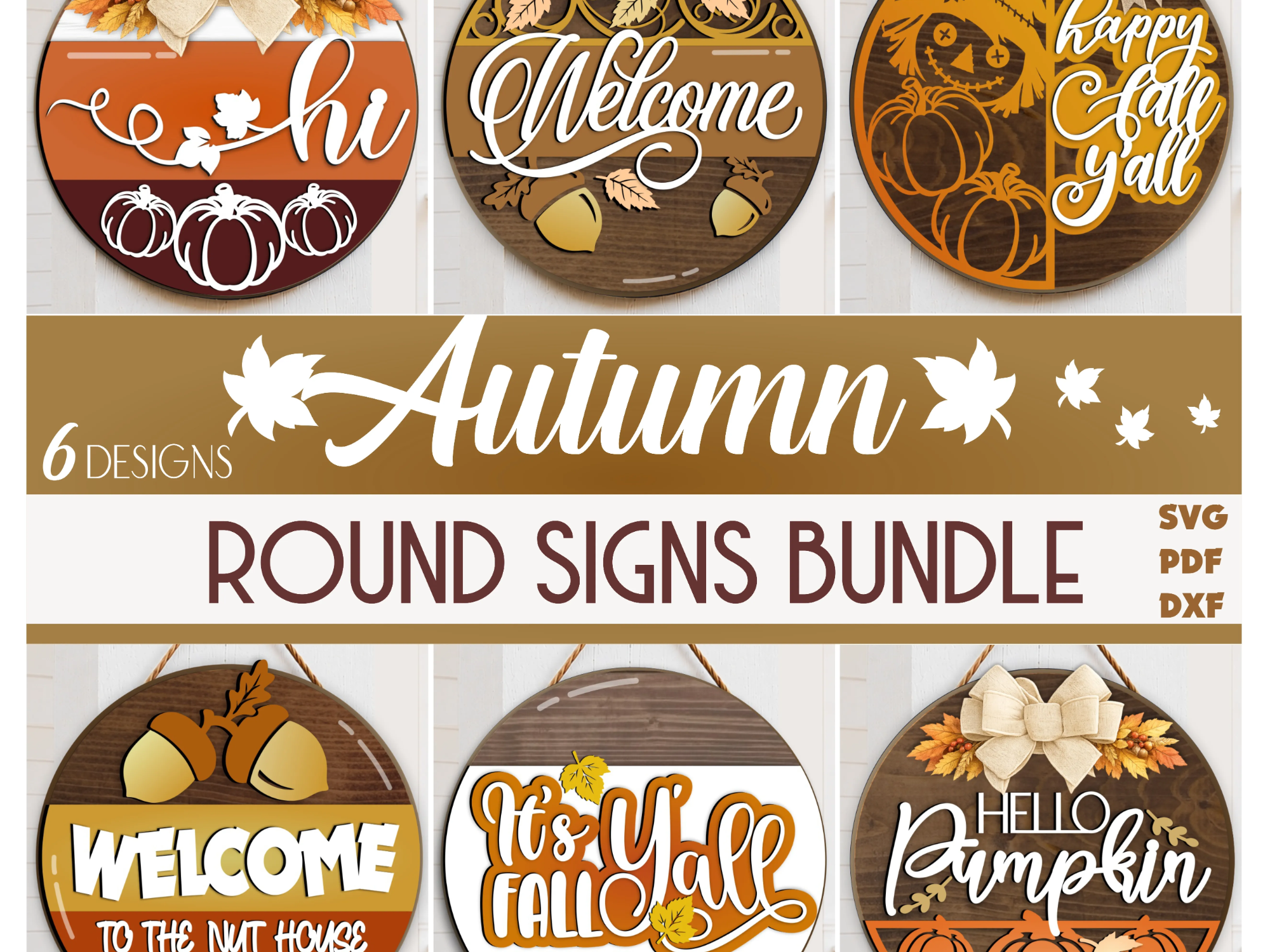 Fall Door Sign SVG Bundle, Laser Cut Autumn Round Door Hanger, Fall Front Door signs, Glowforge, CNC Ready File, Fall Wall Decor