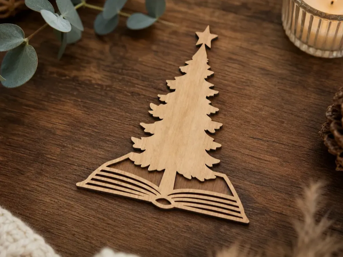[Laser cut and engrave] Christmas Tree and Open Book Wooden Ornament