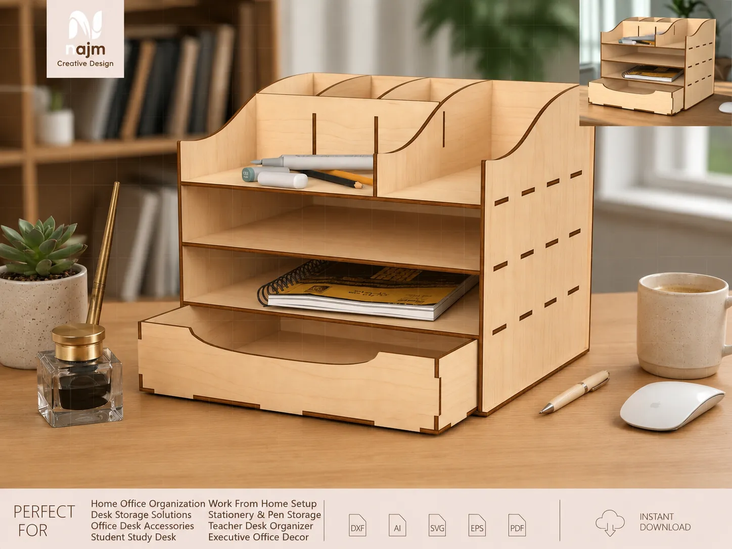Wooden Desktop Organizer with Shelves and Storage Drawer