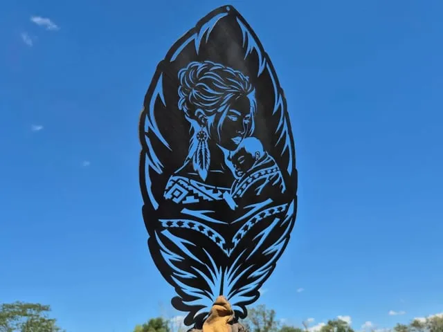 Native Indian Mother and Child Silhouette Wall Art in Feather Shape