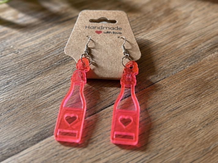Champagne Bottle Dangle Earrings with Heart Cutout