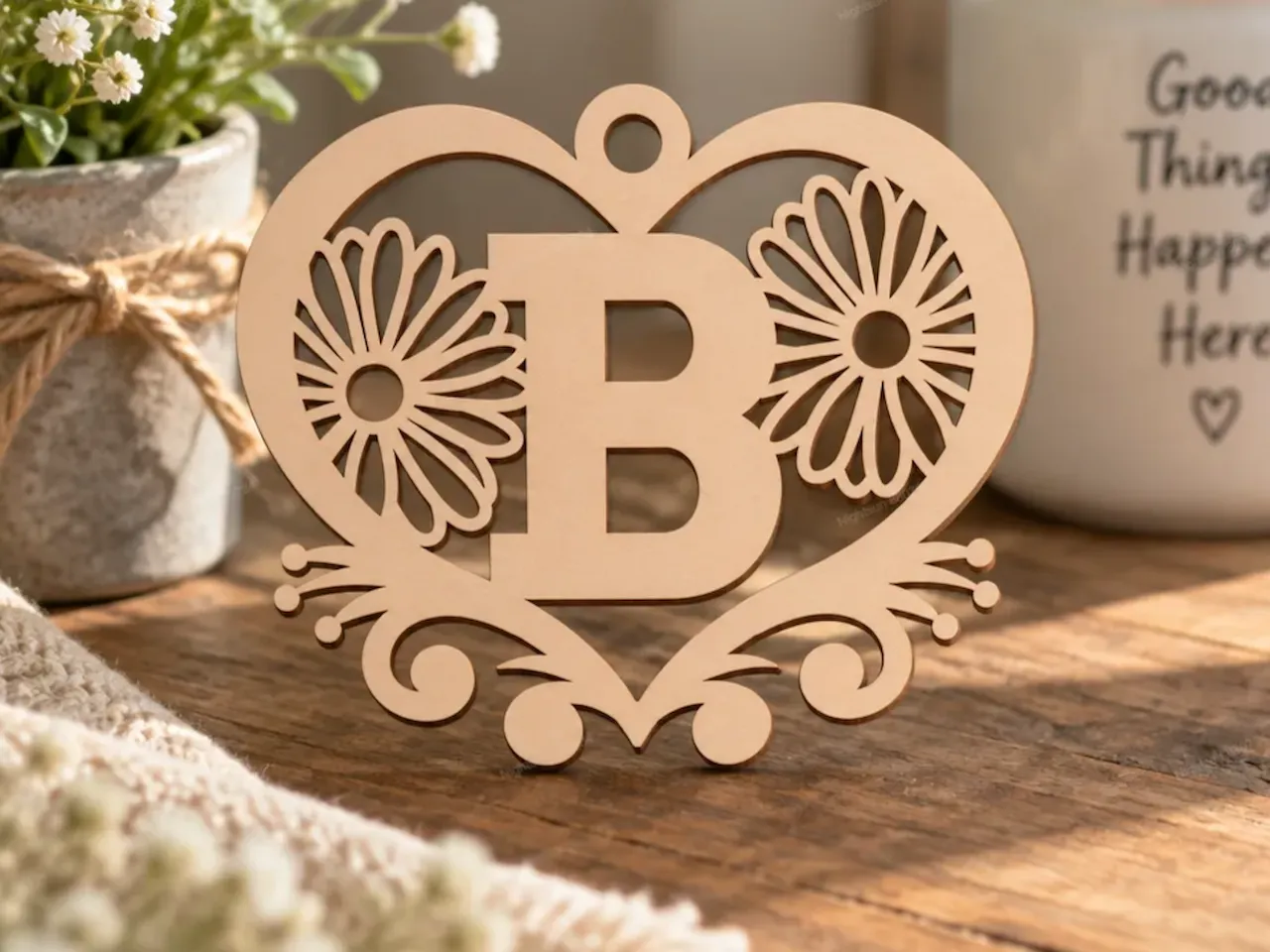 [Laser cut and engrave] Letter B Heart Ornament with Floral Accents