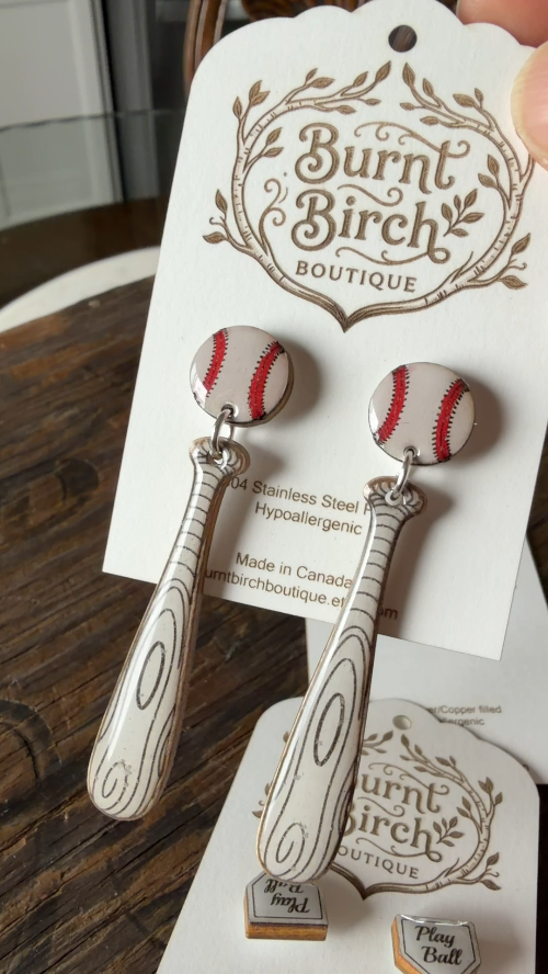 [Laser cut and engrave] Baseball and Bat Dangle Earrings