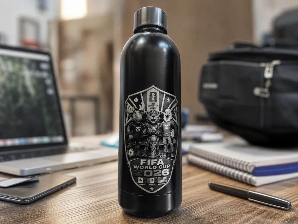 Black Water Bottle Featuring FIFA World Cup 2026 Mascot Graphic
