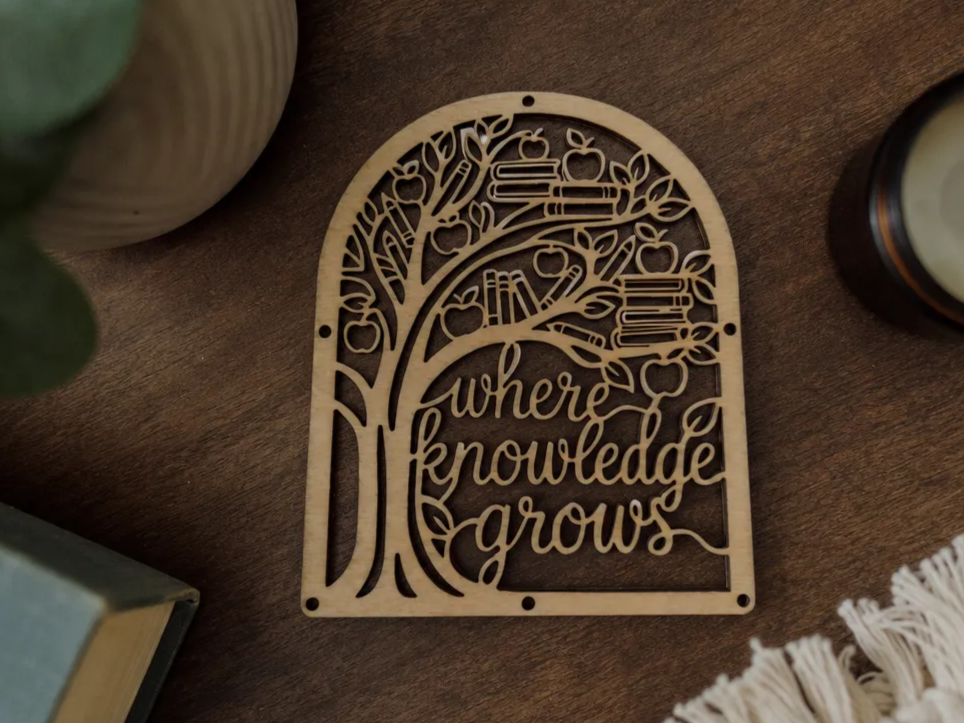 Where Knowledge Grows Tree of Knowledge Wall Sign with Books and Apples Teacher gift