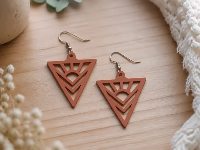 Terracotta Triangle Earrings with Geometric Sun Motif