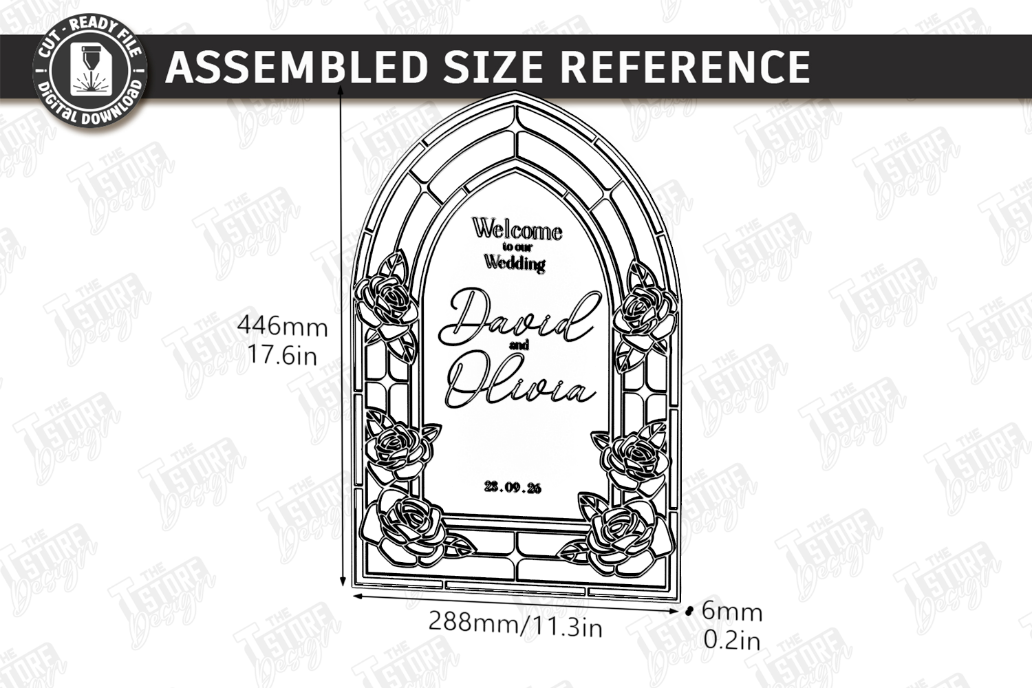 [Laser cut and engrave] Arched Floral Wedding Welcome Sign with Stained Glass Style Frame laser Cut Bundle. Floral Design. Weding Day