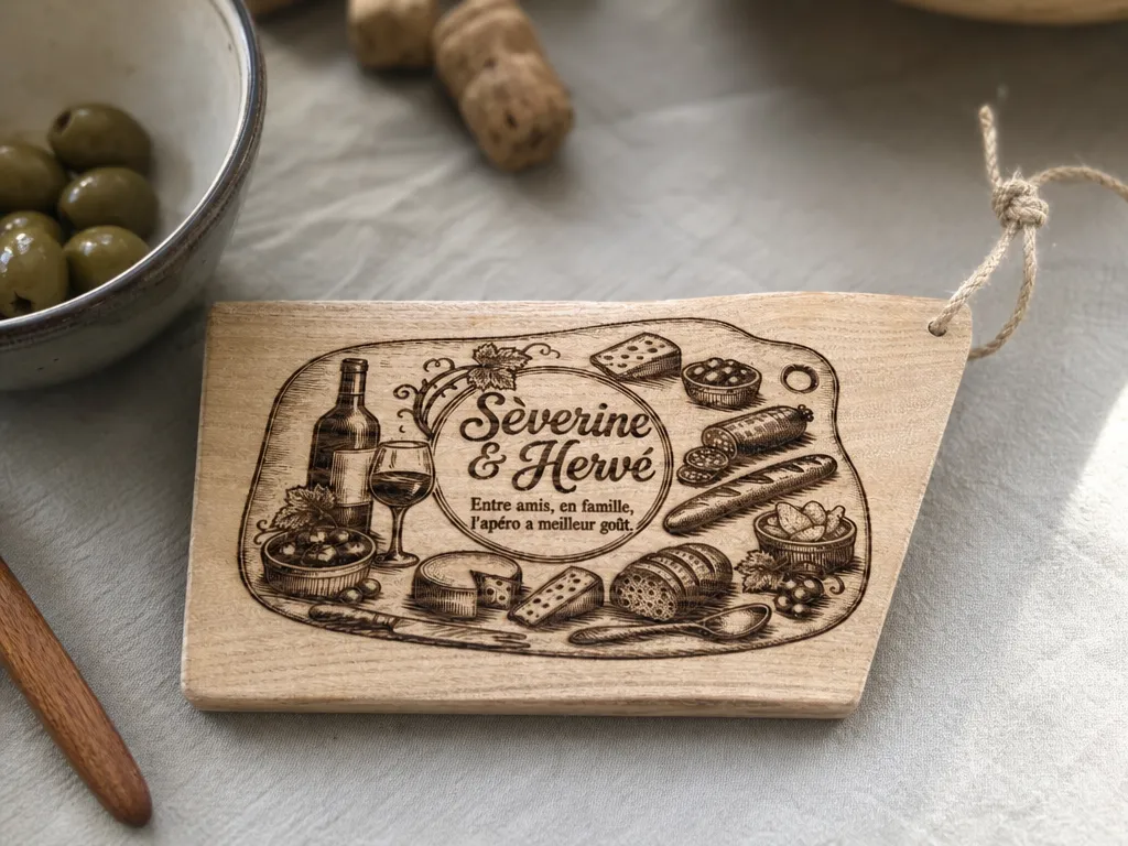 Planche à découper et plateau de service en bois pour apéritif plus notre logo derrière la planche