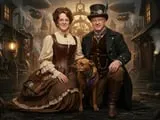 [Laser cut and engrave] Steampunk Couple Portrait with Dog in Victorian Industrial Setting