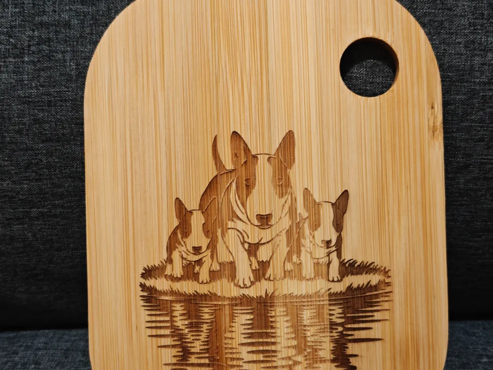 Bamboo Serving Board with Bull Terrier Family Illustration