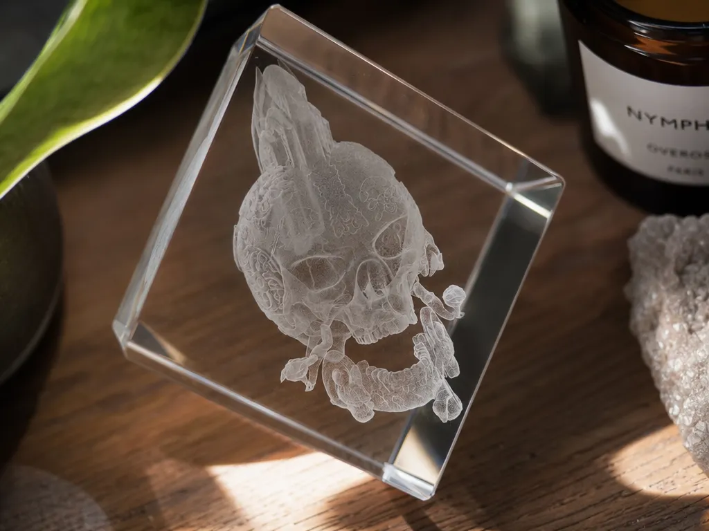 Bloc en verre avec crâne orné de motifs de style mystique/tibétain