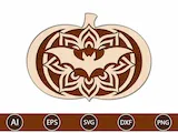 [Laser cut and engrave] Pumpkin Shaped Halloween Sign with Bat and Mandala Motif – Laser Cut Design