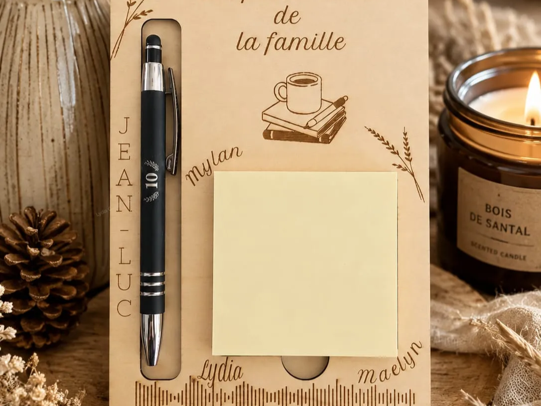Mémo familial en ois personnalisé - Porte stylo et bloc-notes