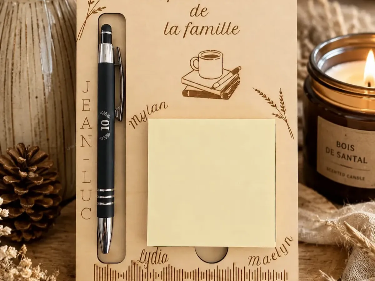 [Laser cut and engrave] Mémo familial en bois personnalisé - Porte stylo et bloc-notes